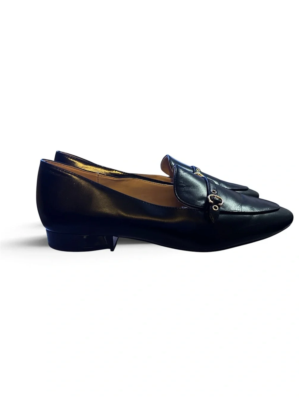 Coach Black Leather Pointed-Toe Loafers with Metal Accent